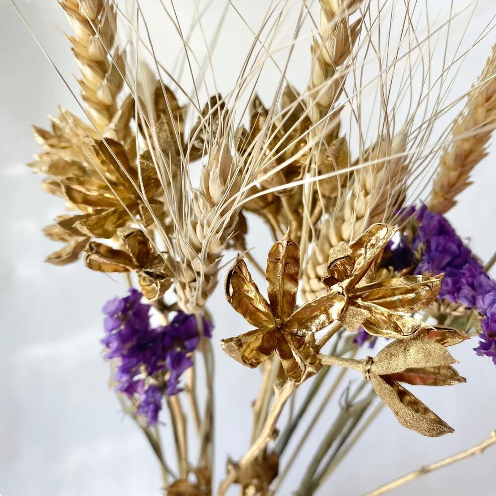 Purple and Gold mixed dried flower arrangement bouquet